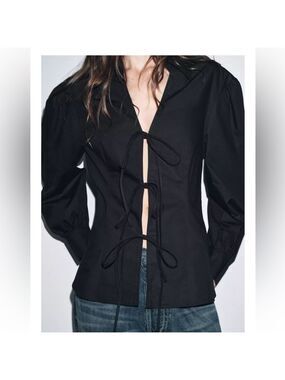 Zara POPLIN SHIRT WITH TIES ZW COLLECTION black Sz M